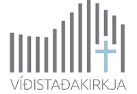 Merki Víðistaðakirkju: gráar súlur og ljósblár kross.